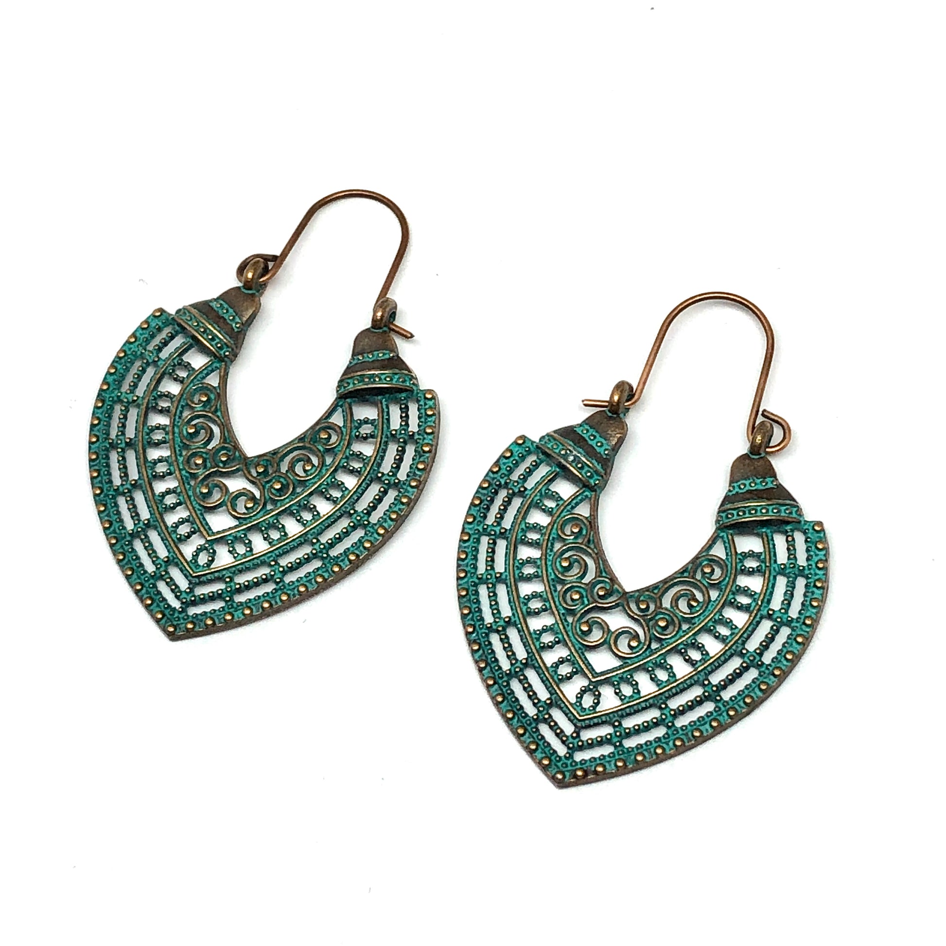 Hoop Earrings Side Profile Chevron Design Vintage Turquoise Verdigris | Boho Style for Women