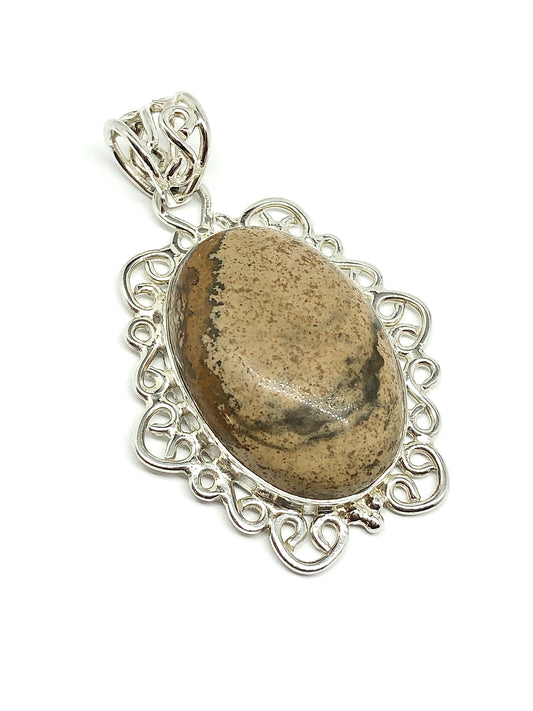 Sterling Silver Pendant, Men's Women's Big Natural Brown Picture Jasper Stone Pendant