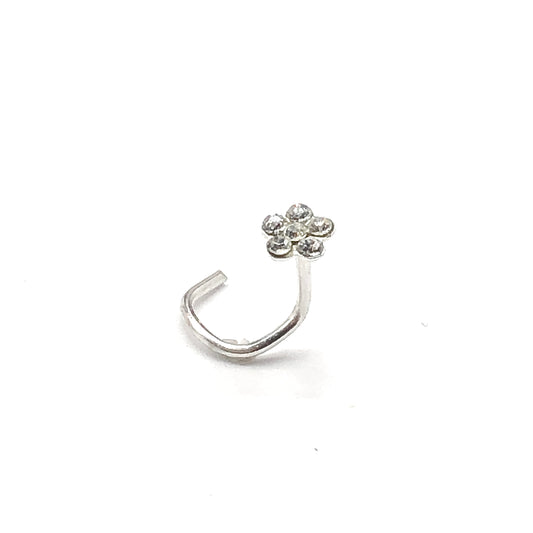 Nose Ring - Womens Sterling Silver 3mm Crystal Flower Stud Nose Ring - Corkscrew Style Nose Ring