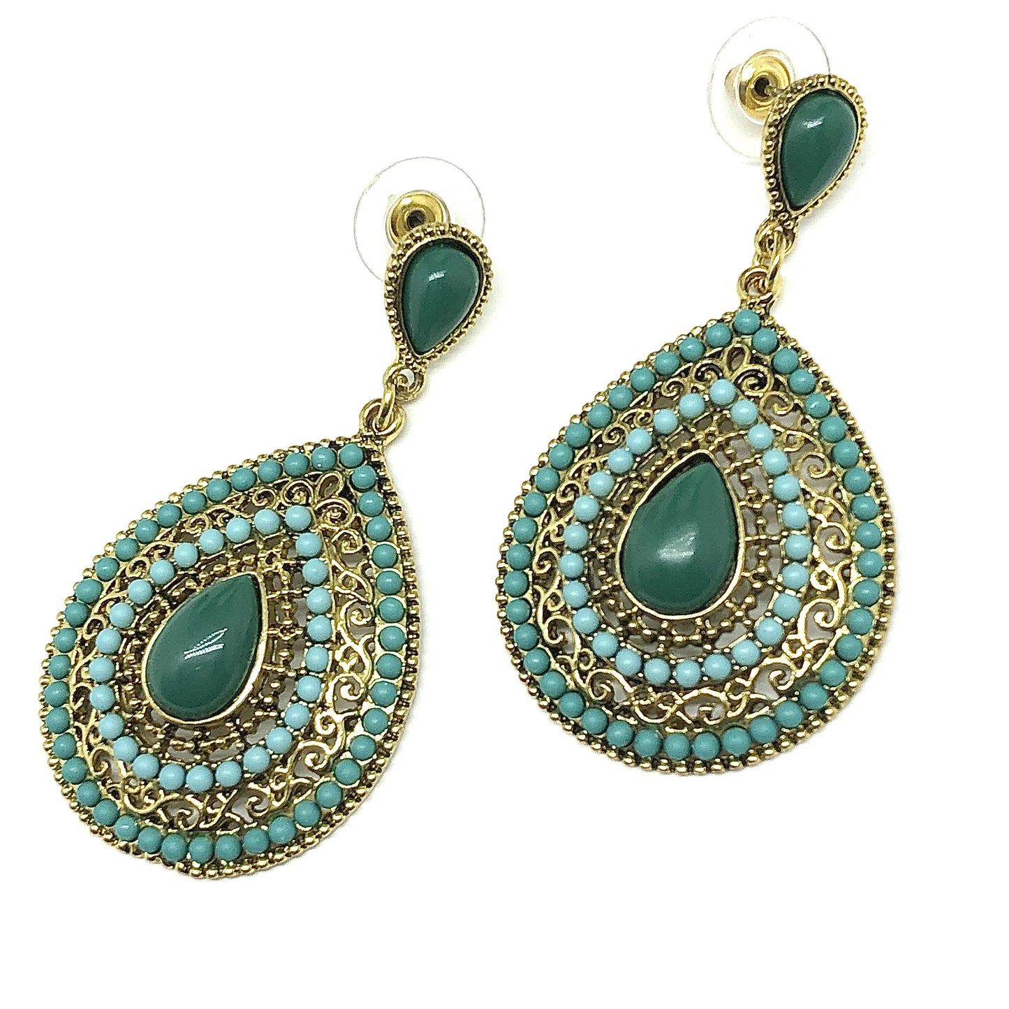 Boho Style Green and Golden Design Big Dangle Earrings