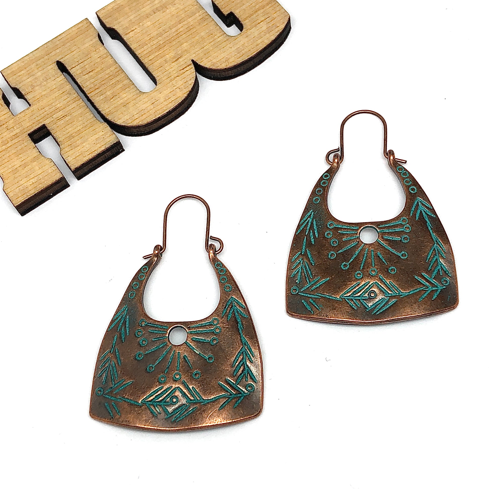 Boho Style Rustic Copper Turquoise Side Hoop Earrings | Womens Discount Fashion Jewelry online in USA
