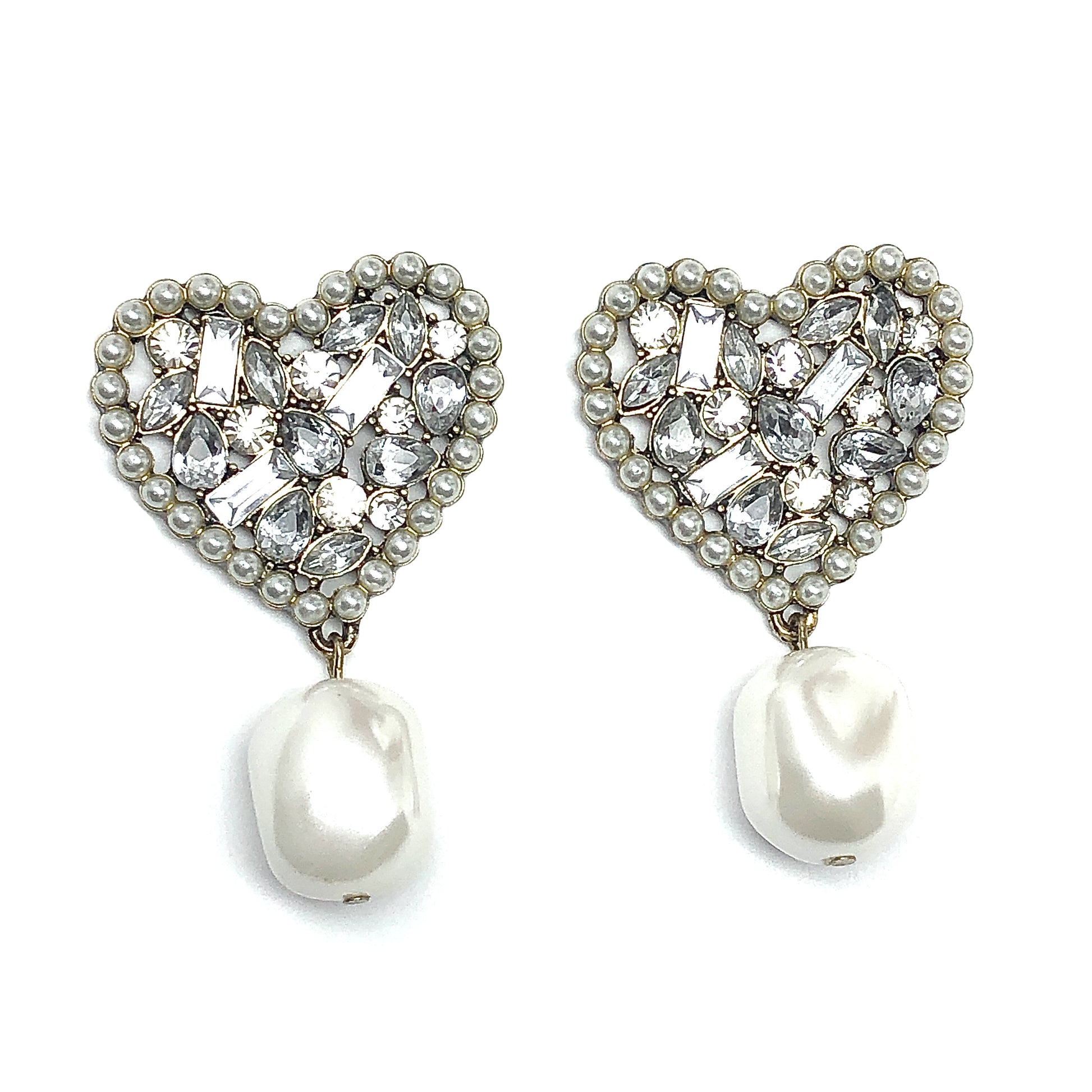 Sugarfix - Your BIG Fancy White Crystal Heart Pearl Earrings