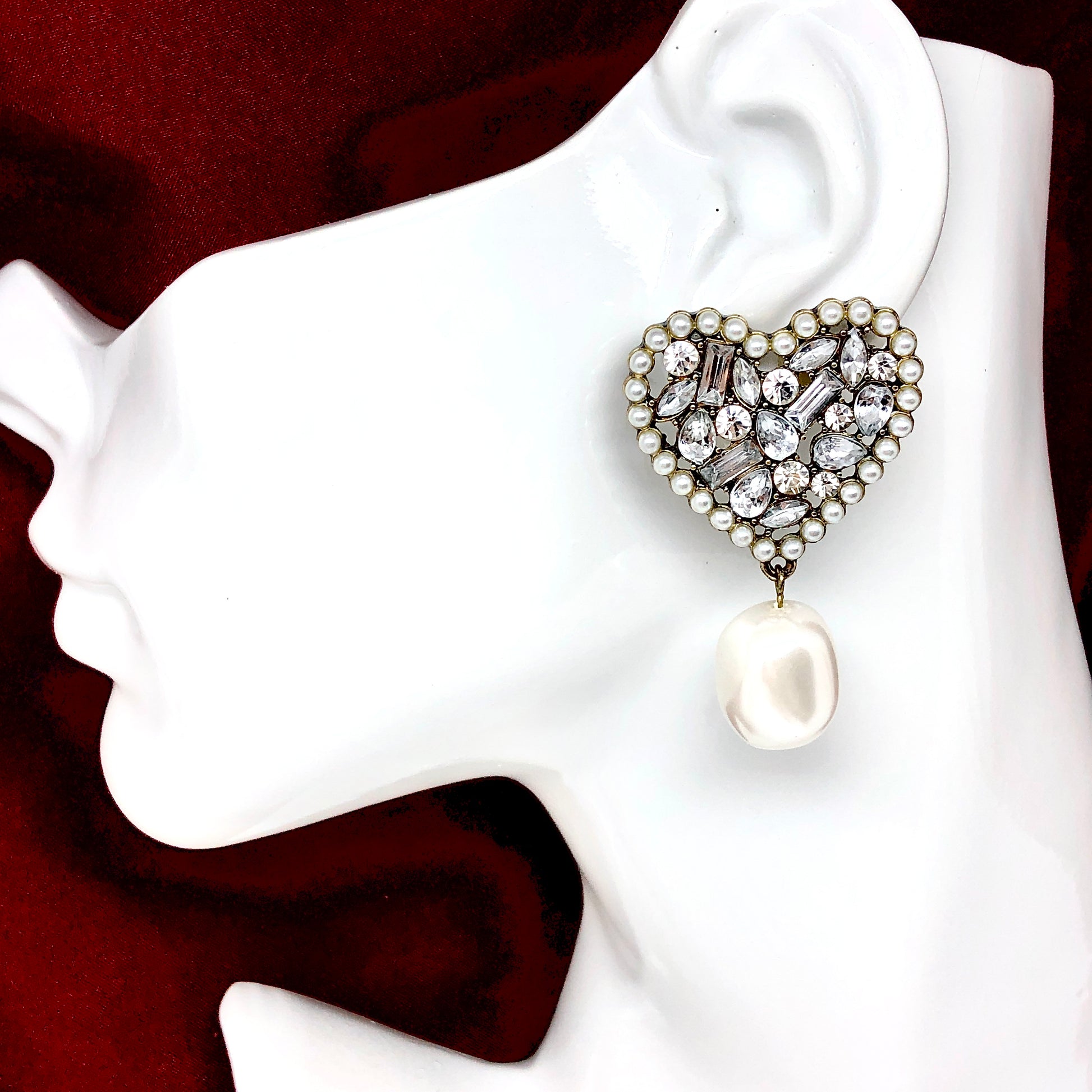 Sugarfix - Your BIG Fancy White Crystal Heart Pearl Earrings