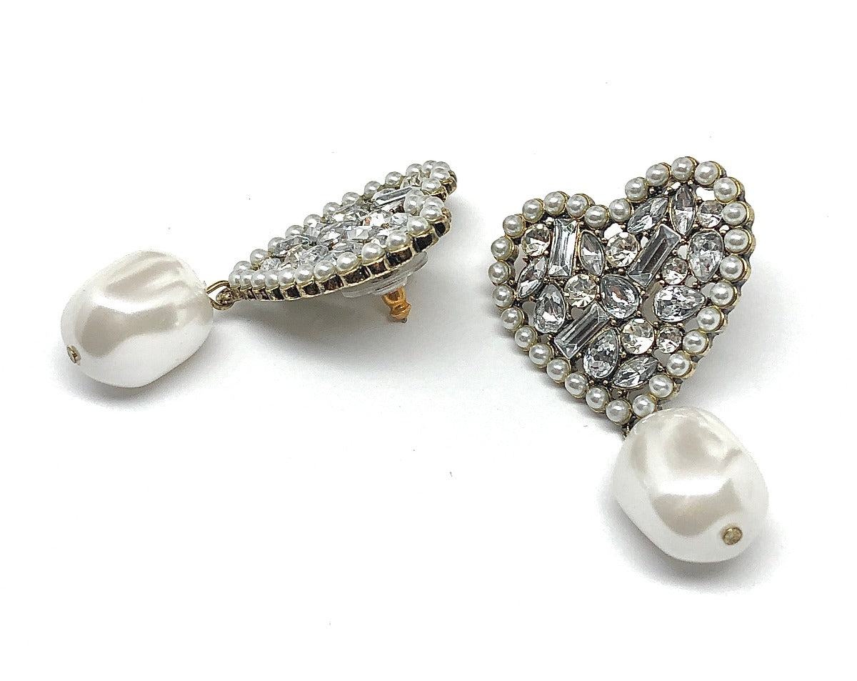 Sugarfix - Your BIG Fancy White Crystal Heart Pearl Earrings