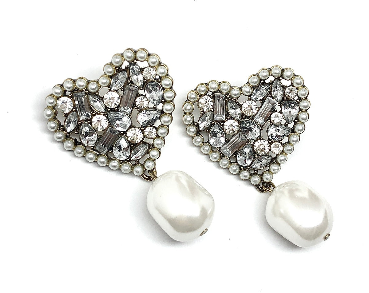 Social Influencer Accessories - Your BIG Fancy White Crystal Heart Pearl Earrings - Adding  dramatic texture to your style