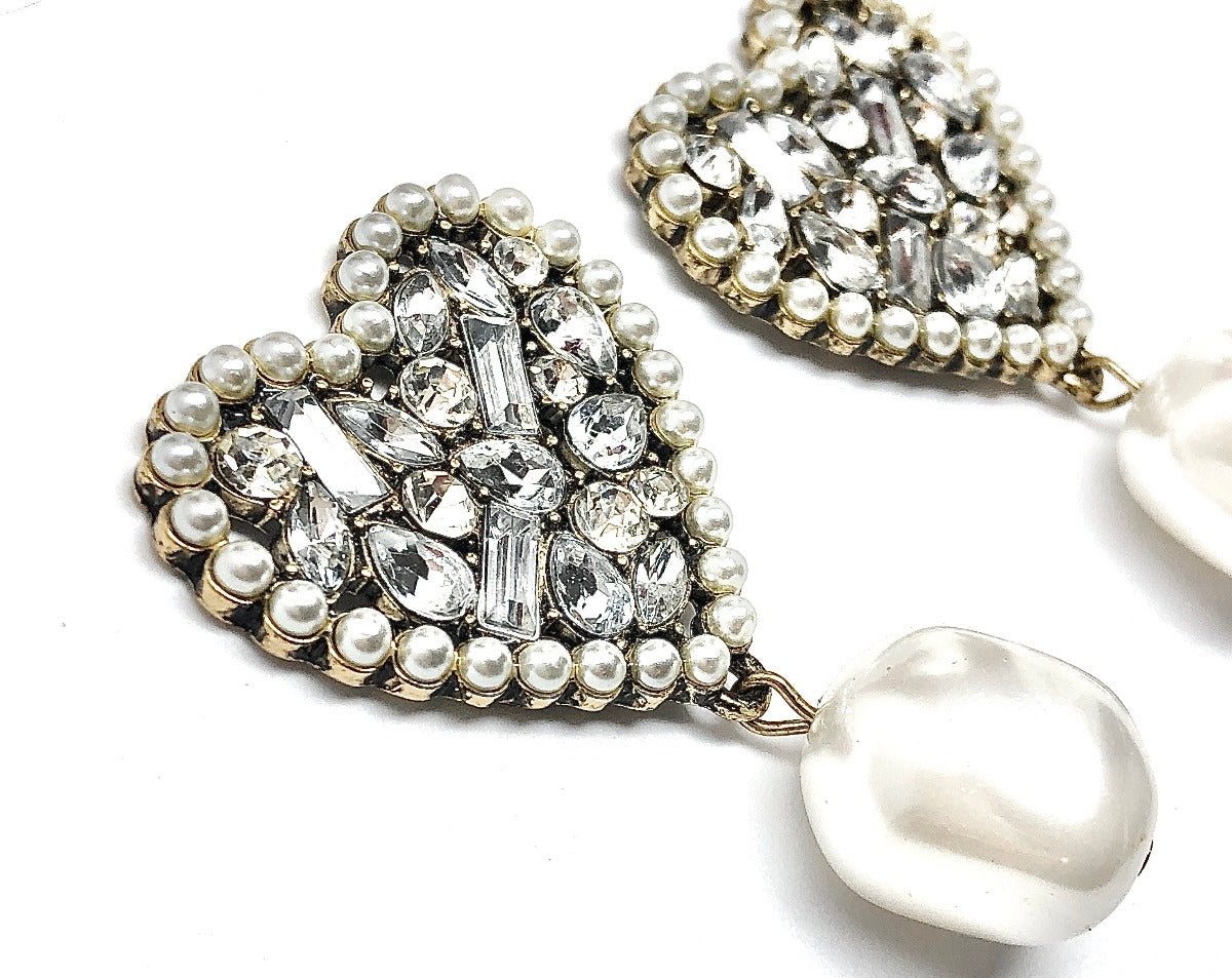 Create Texture - Your BIG Fancy White Crystal Heart Pearl Earrings
