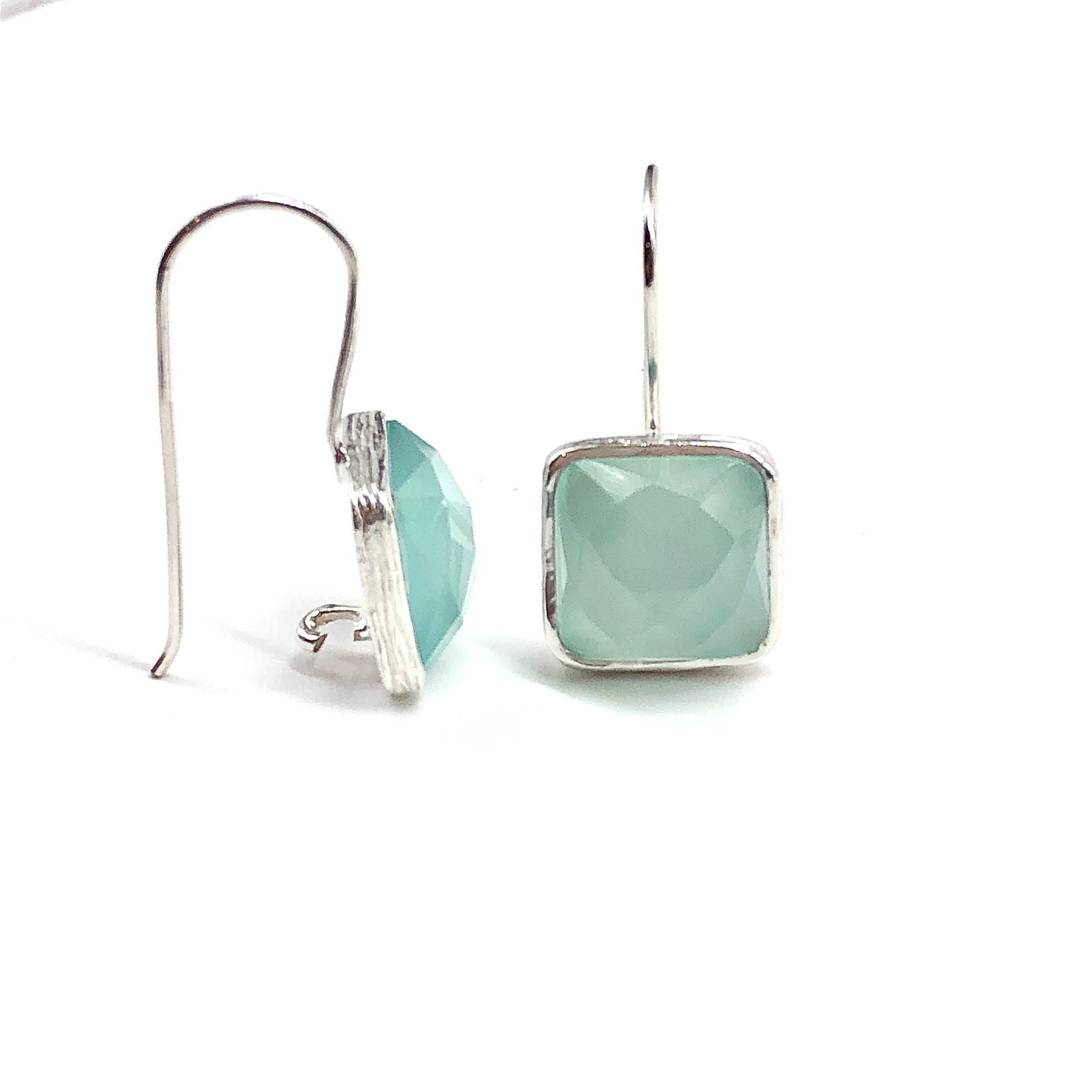 Chalcedony Square Drop Stone Earrings, Womens Elegant Design, Blue Gray Sterling Silver Dangle Earrings