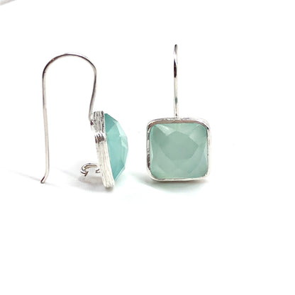 Chalcedony Square Drop Stone Earrings, Womens Elegant Design, Blue Gray Sterling Silver Dangle Earrings