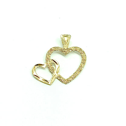 14k Yellow Gold Glittery Textured Two Heart Charm Pendant - Blingschlingers USA