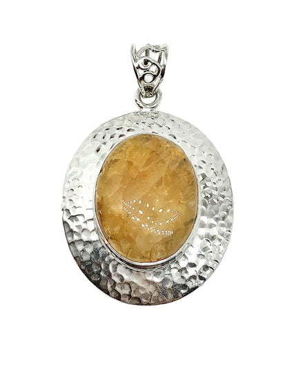 Sterling Silver Pendant, Hammered Design Big Oval Golden Quartz Stone Pendant