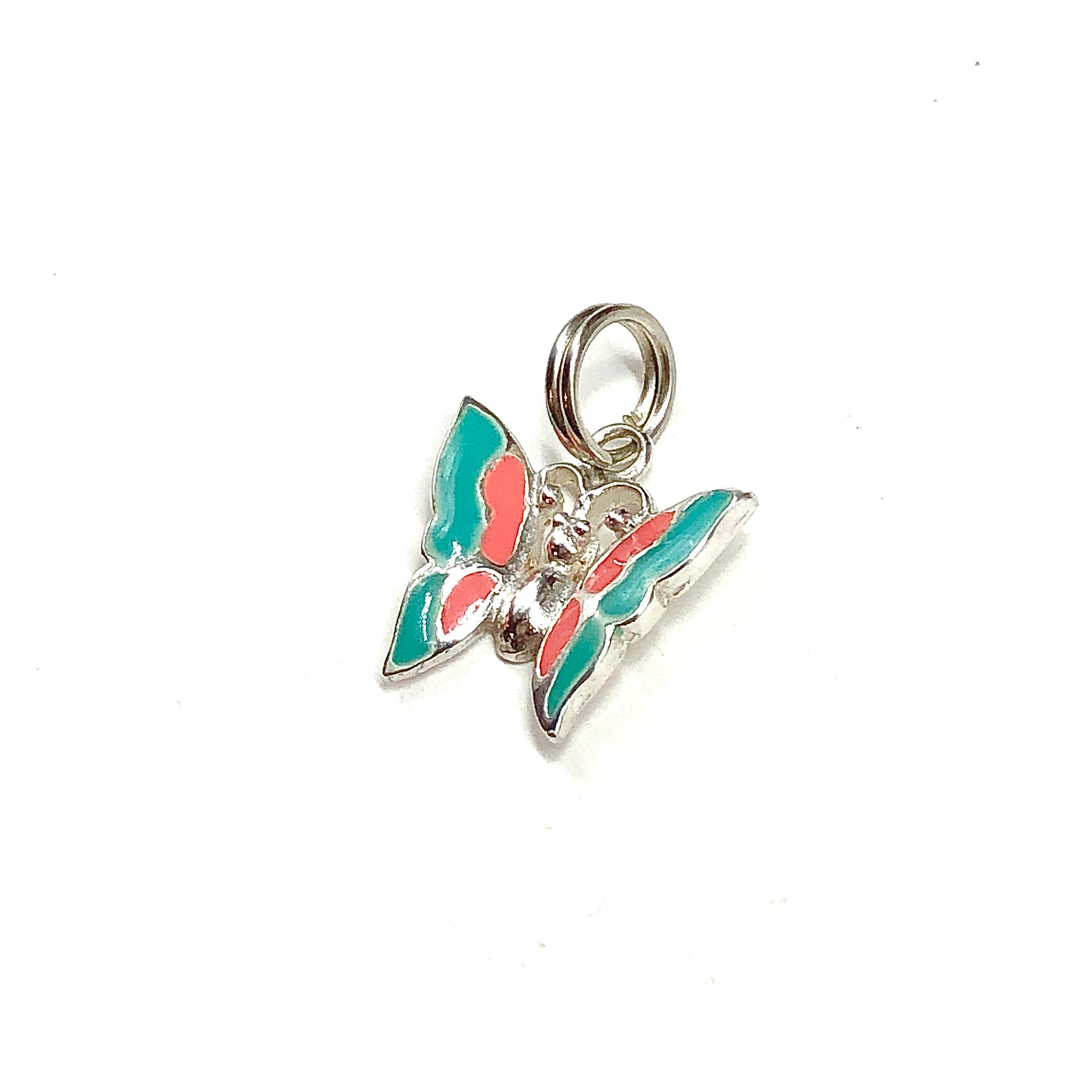 Charms for Bracelets, 925 Sterling Silver Butterfly summer Lucky charm, Salmon & Teal Enamel Pendant Jewelry