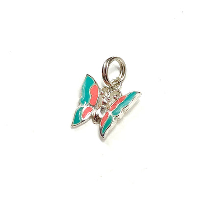 Charms for Bracelets, 925 Sterling Silver Butterfly summer Lucky charm, Salmon & Teal Enamel Pendant Jewelry