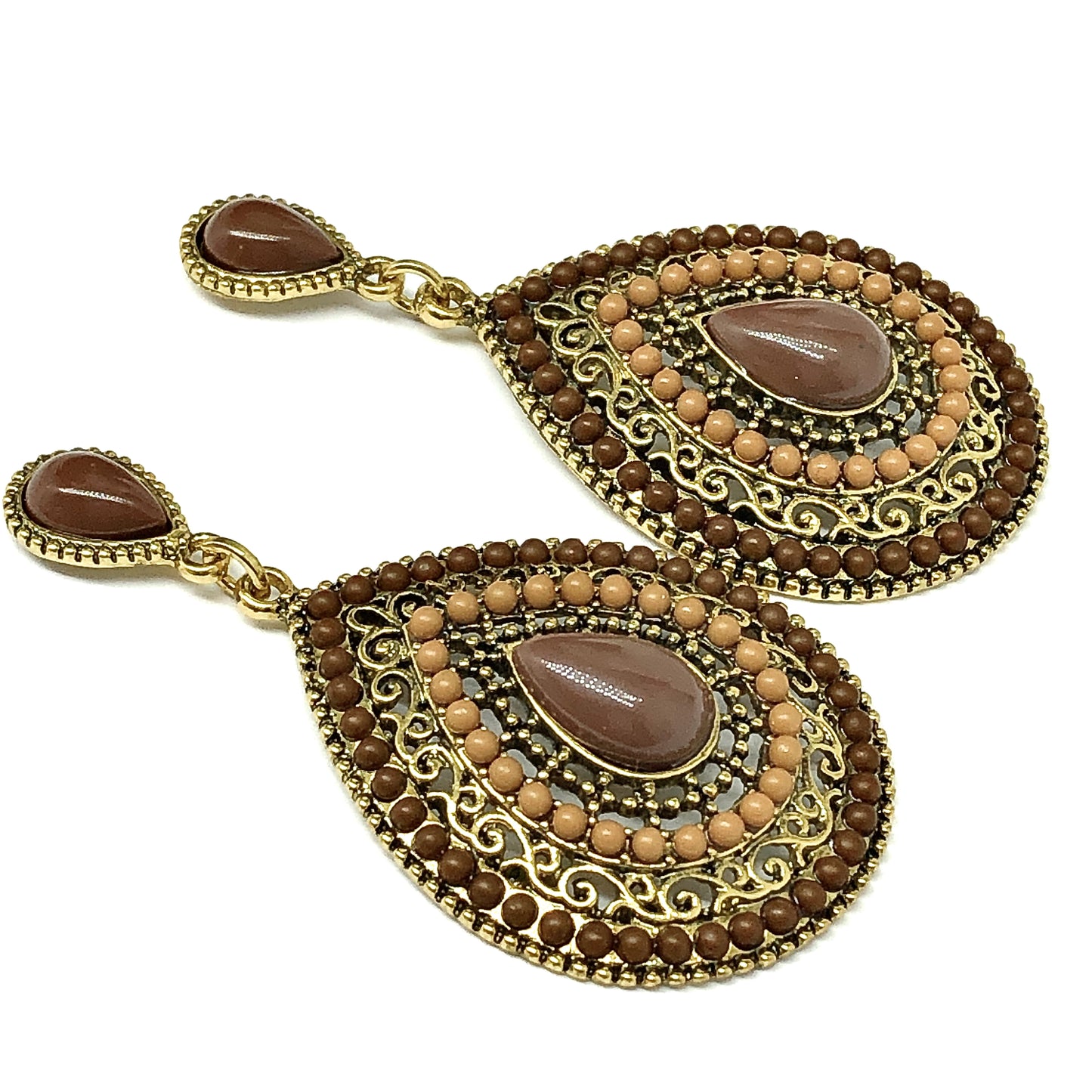Boho Style Cut-out Filigree Brown Gold Teardrop Dangle Earrings