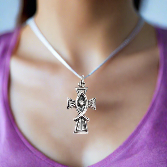 Celtic Style Ichthys Cross Sterling Silver Charm Pendant