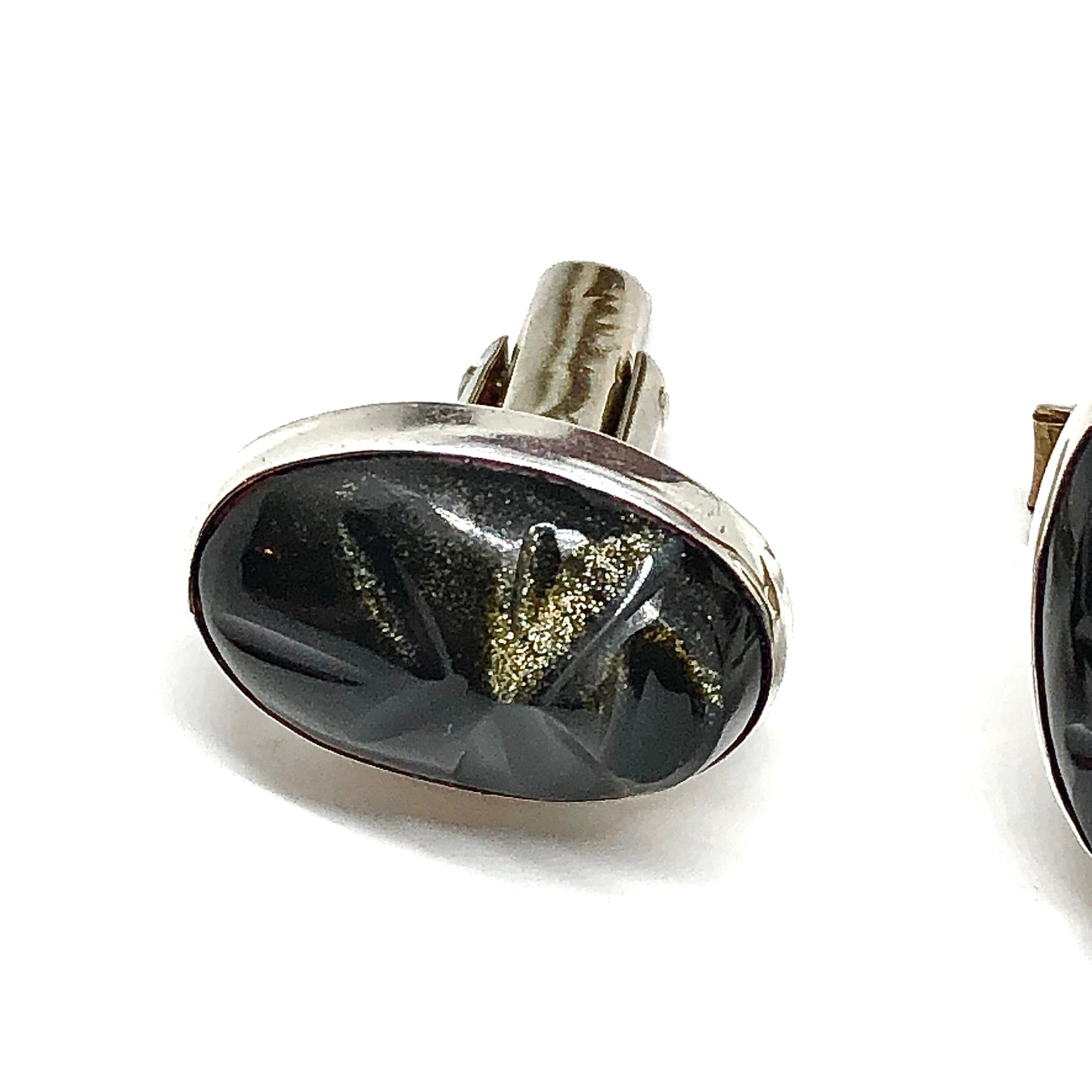 Vintage Jewelry | Exotic Black Golden Obsidian Sterling Silver Cufflinks