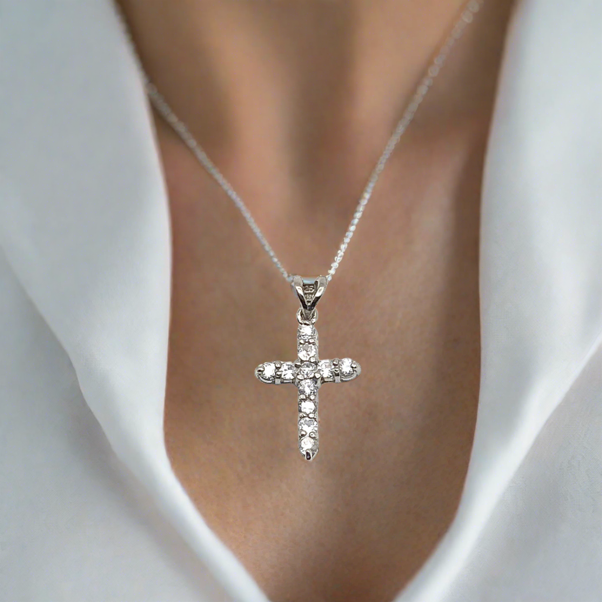 Cross Pendant Silver, Sparkling White Cubic Zirconia Stone Sterling Silver Cross Pendant - Estate Jewelry
