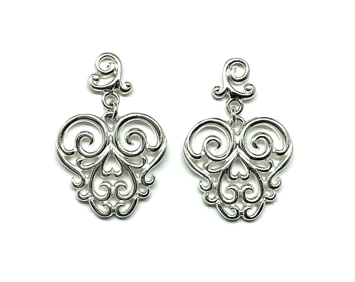 Buy Quality Estate Jewelry & Save | Sterling Silver Lacy Filigree Heart Design Dangle Earrings