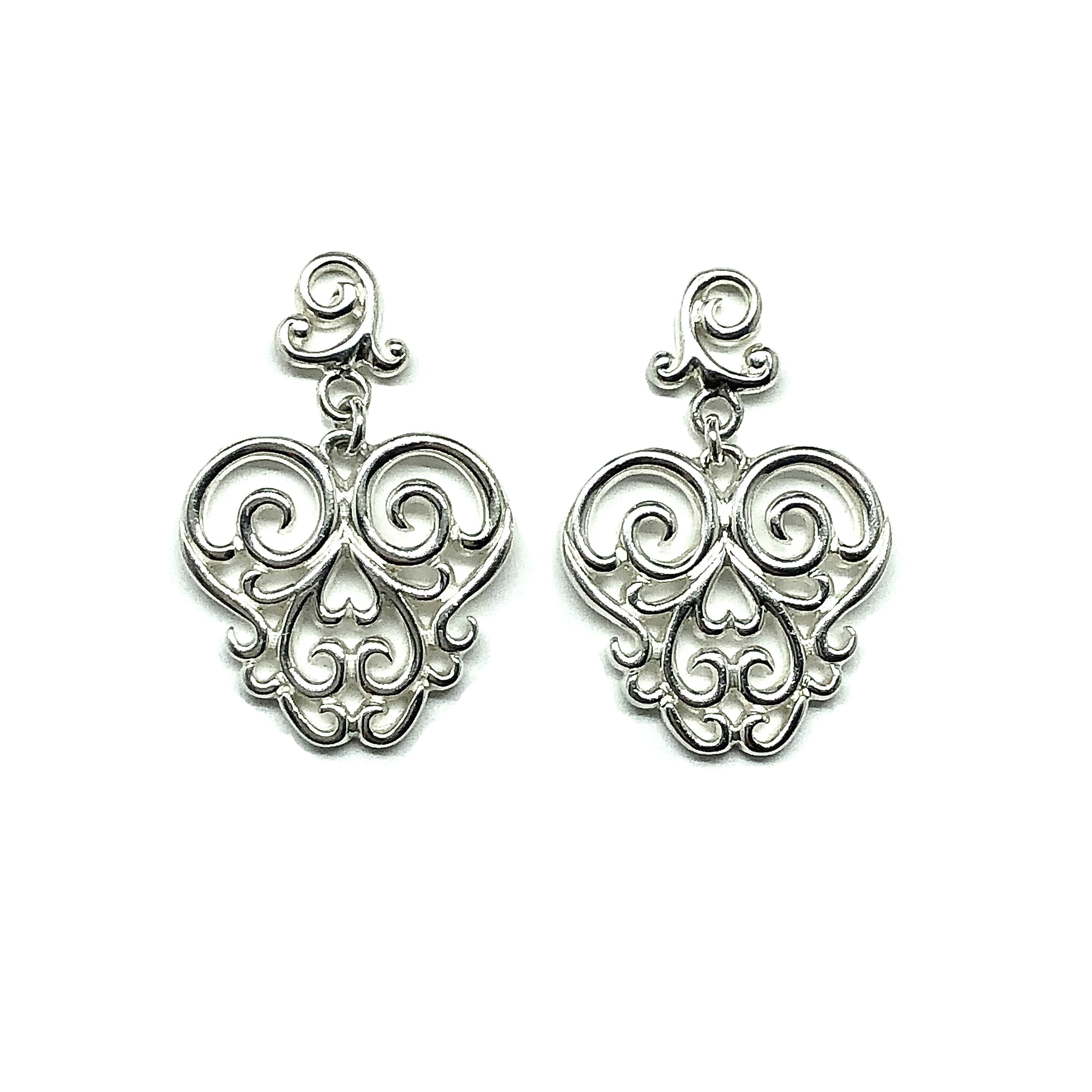 Dangle Earrings, Womens Lacy Filigree Heart Design Sterling Silver