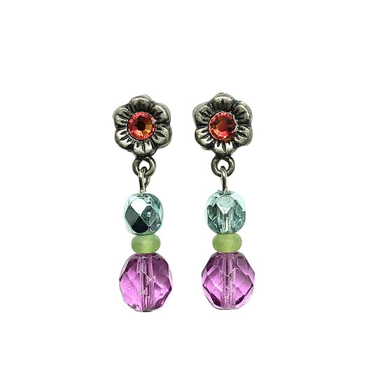 Whimsical Vibrant Pink & Blue Beaded Flower Dangle Earrings