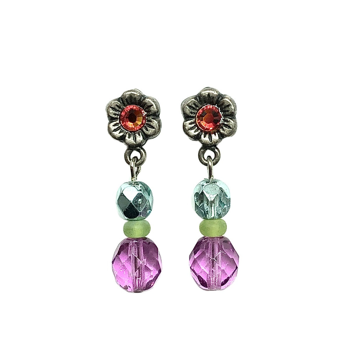 Blingschlingers - Whimsical Vibrant Pink & Blue Beaded Flower Dangle Earrings