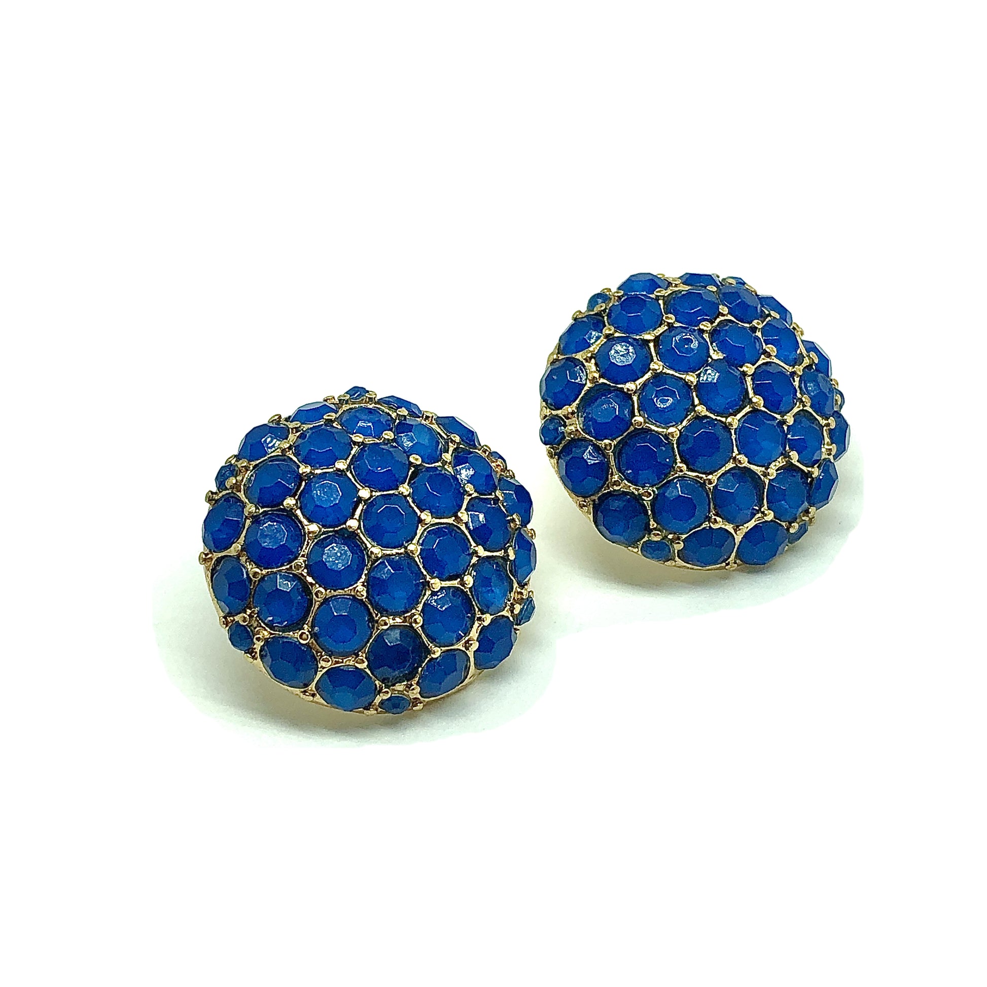 Womens Gold Blue Honeycombed Dome Design Button Style Earrings