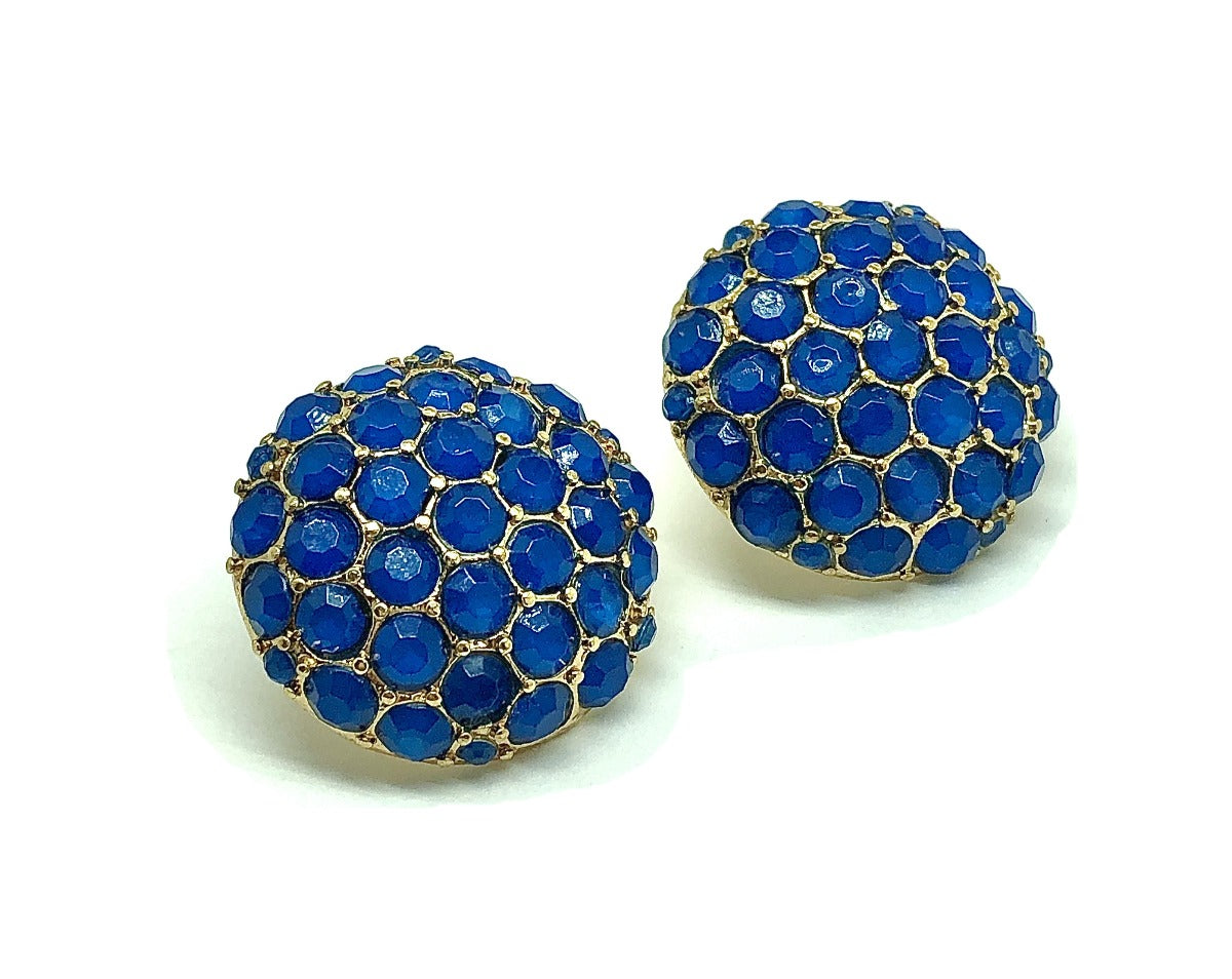 Womens Gold Blue Honeycombed Dome Design Button Style Earrings - Blingschlingers USA