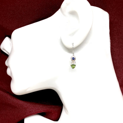 Sterling Silver Earrings, Dainty Multi Stone Peridot Iolite 925 Silver Drop Earrings