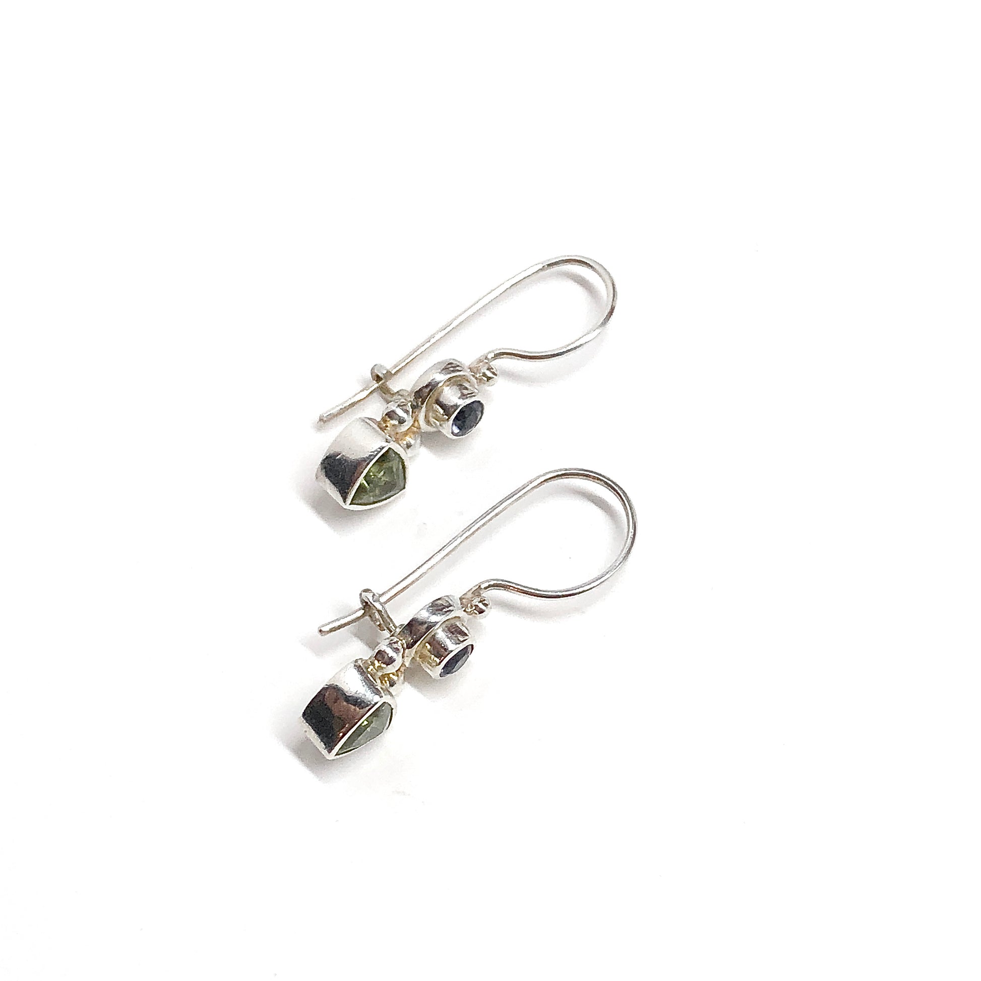 Petite Sterling Silver Earrings, Dainty Multi Stone Peridot Iolite 925 Silver Drop Earrings