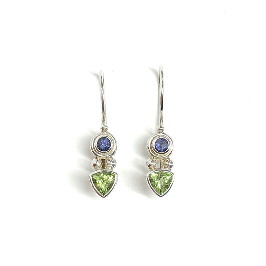 Sajen Sterling Silver Earrings, Dainty Multi Stone Peridot Iolite 925 Silver Drop Earrings