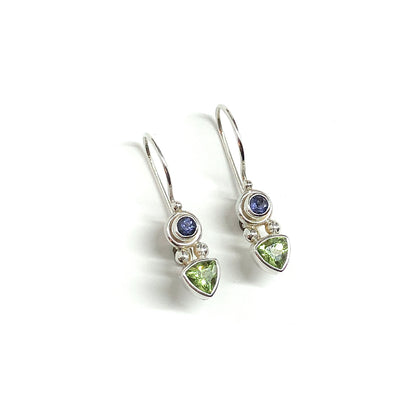 Sterling Silver Hook Back Earrings, Dainty Multi Stone Peridot Iolite 925 Silver Drop Earrings