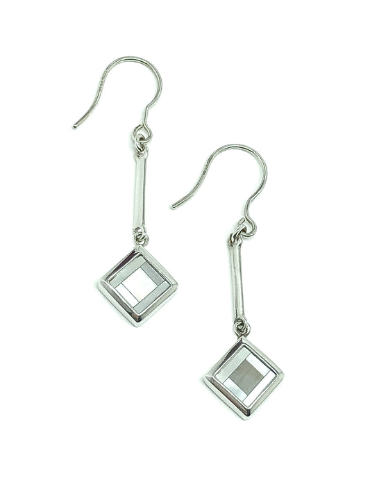 Sterling Silver Slimming Diamond Design Drop Pearl Earrings