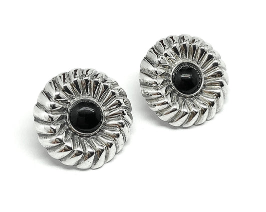 Fancy Bundt-Style Sterling Silver Black Round Short Drop Earrings