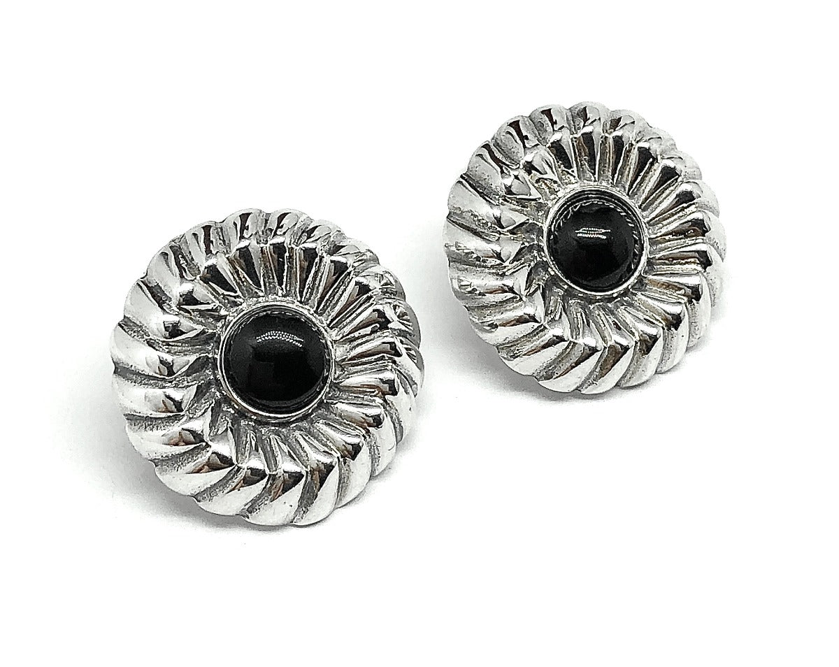 Sterling Silver Fancy Bundt-Style Black Round Short Drop Earrings