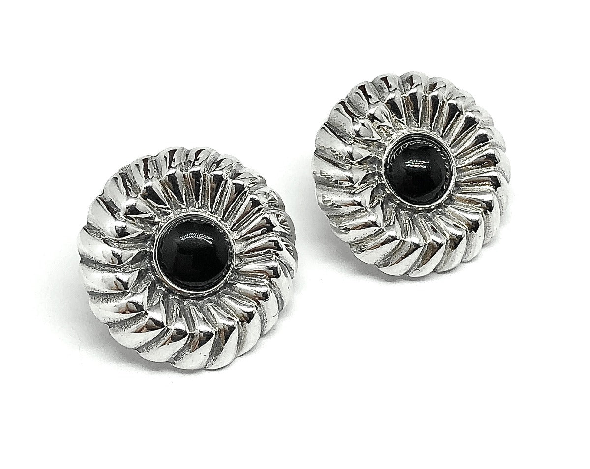 Sterling Silver Earrings, Vintage Unique Design Black Stone Round
