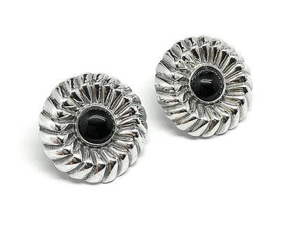 Sterling Silver Fancy Bundt-Style Black Round Short Drop Earrings