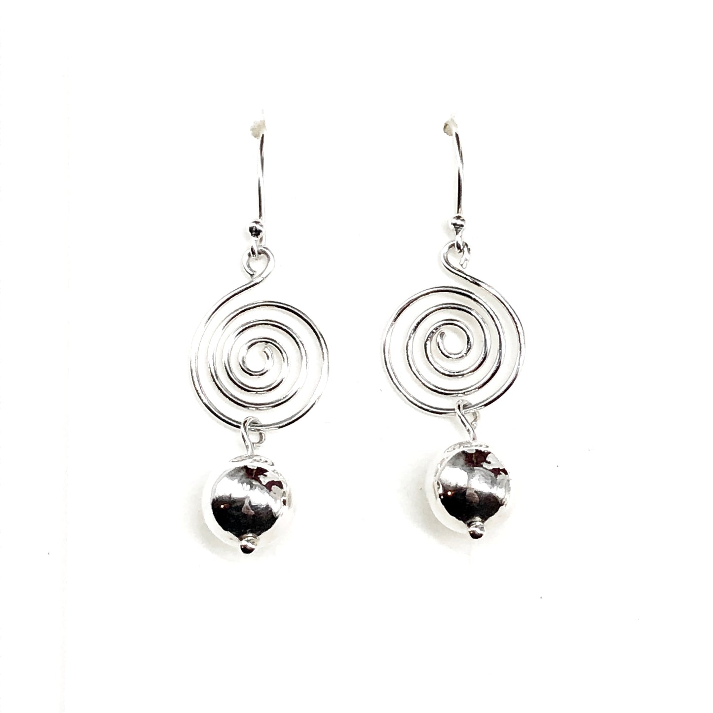 Silver spiral earrings with 10mm bead ball-shaped charms