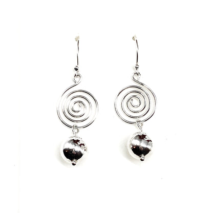 Silver spiral earrings with 10mm bead ball-shaped charms