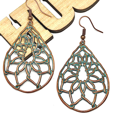 Big Drop Earrings Womens Vintage Lotus in Turquoise Verdigris | Southwestern Style Jewelry