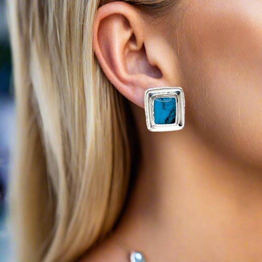 Bold Geometric Design Turquoise Sterling Silver Drop Earrings