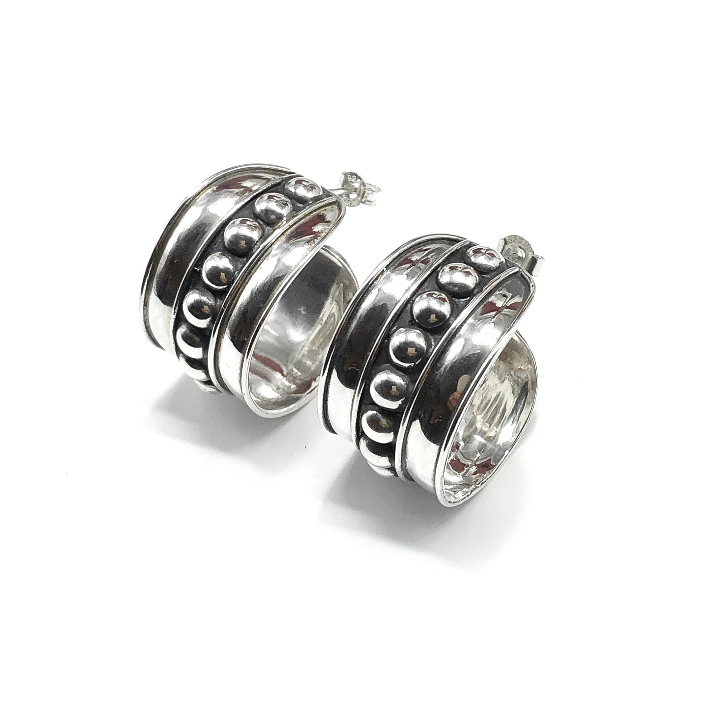 Edgy Style 3/4in Wide Studded Sterling Silver Hoop Earrings