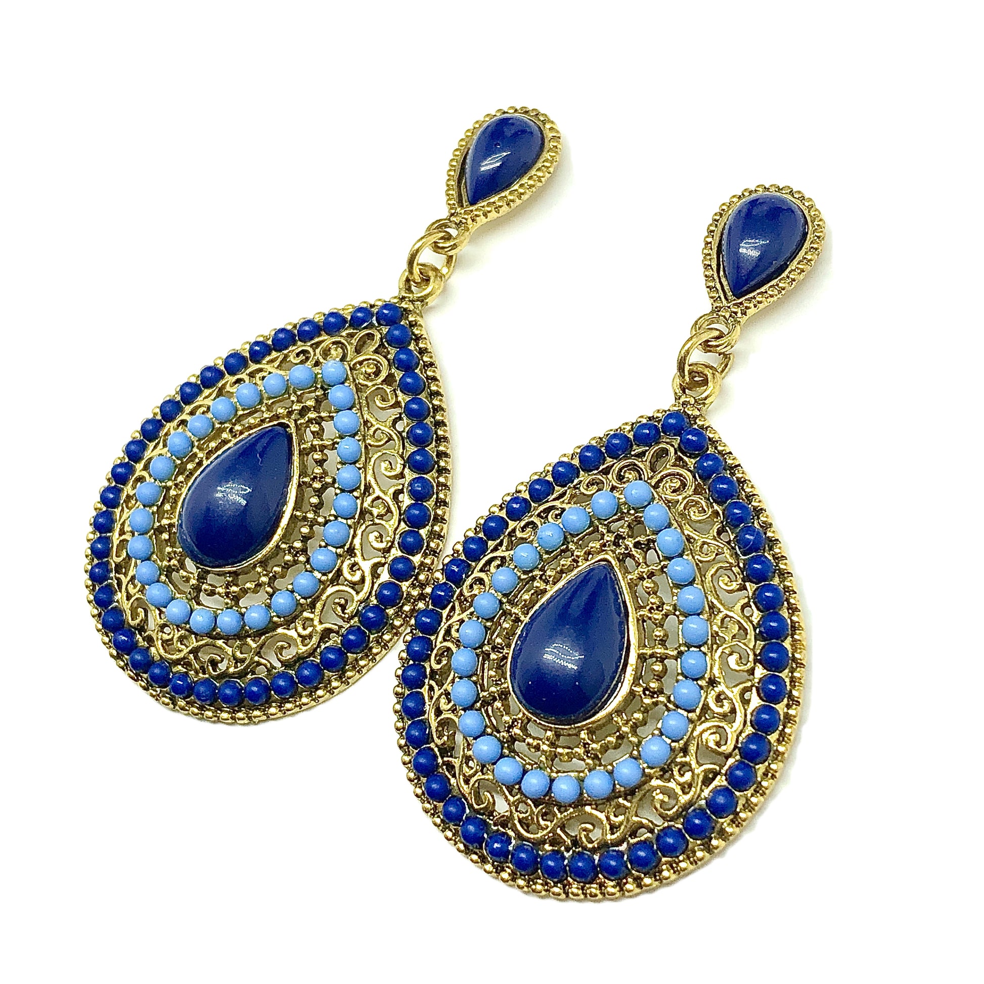 Stylish Cutout Design Blue Beaded Teardrop Style Gold Drop Earrings
