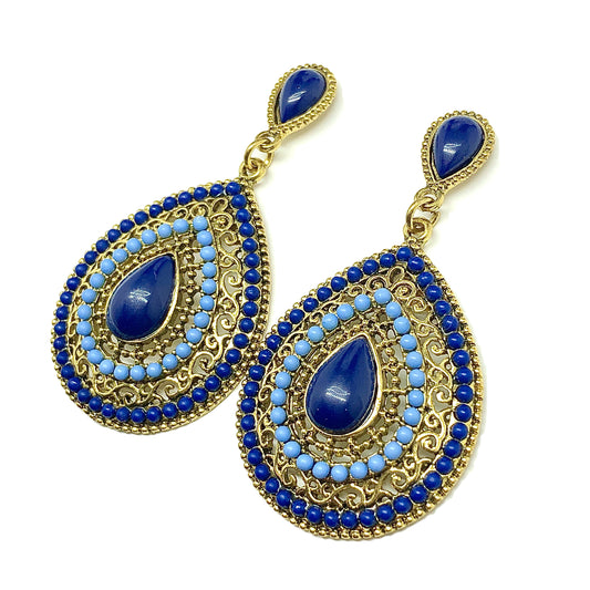 Stylish Cutout Design Blue Beaded Teardrop Style Gold Drop Earrings