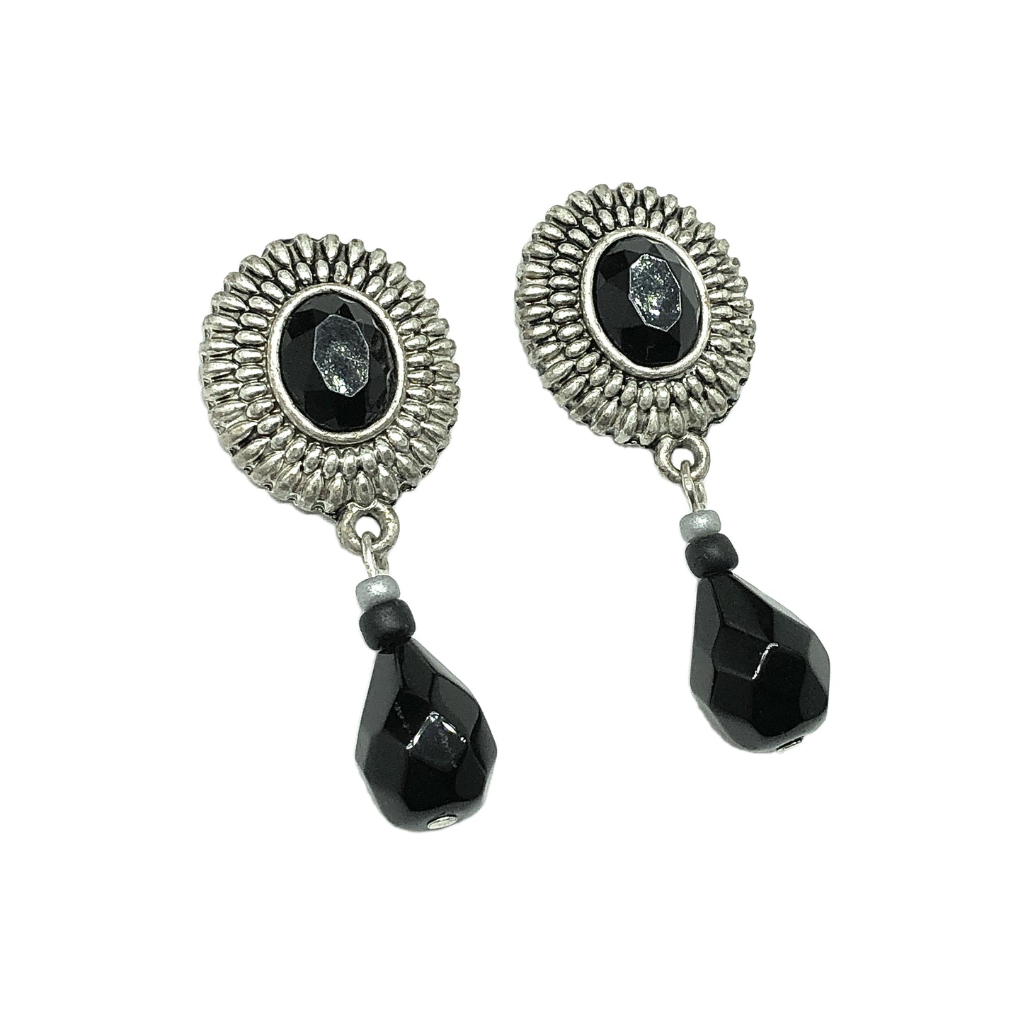 Blingschlingers - Satiny Silver Sunflower Black Briolette Dangle Style Earrings