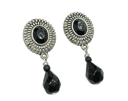 Satiny Silver Sunflower Black Briolette Dangle Style Earrings