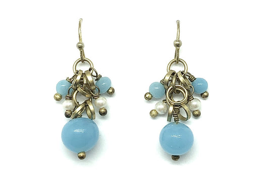 Light Blue & Pearl Short Drop Bronze Beaded Dangle Earrings