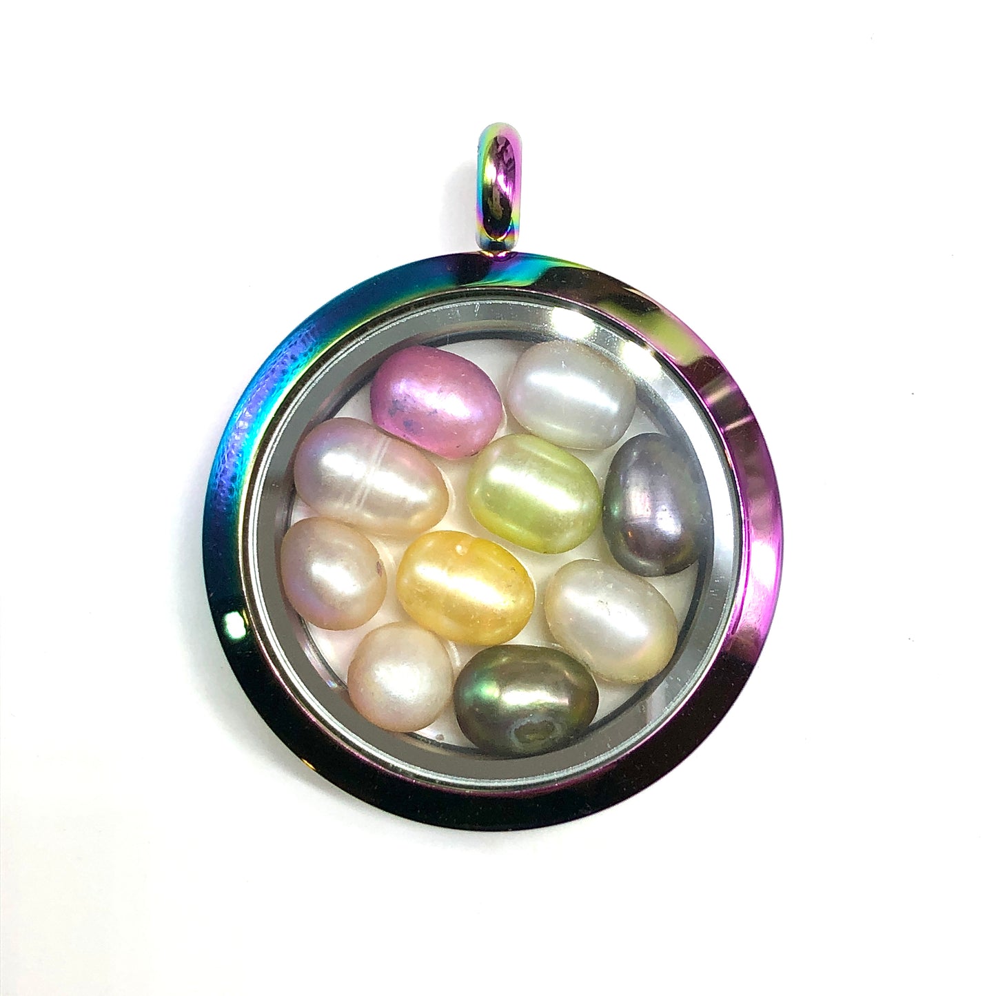 Floating Locket Pendant, Multicolor Round Photo Locket Pearl Pendant