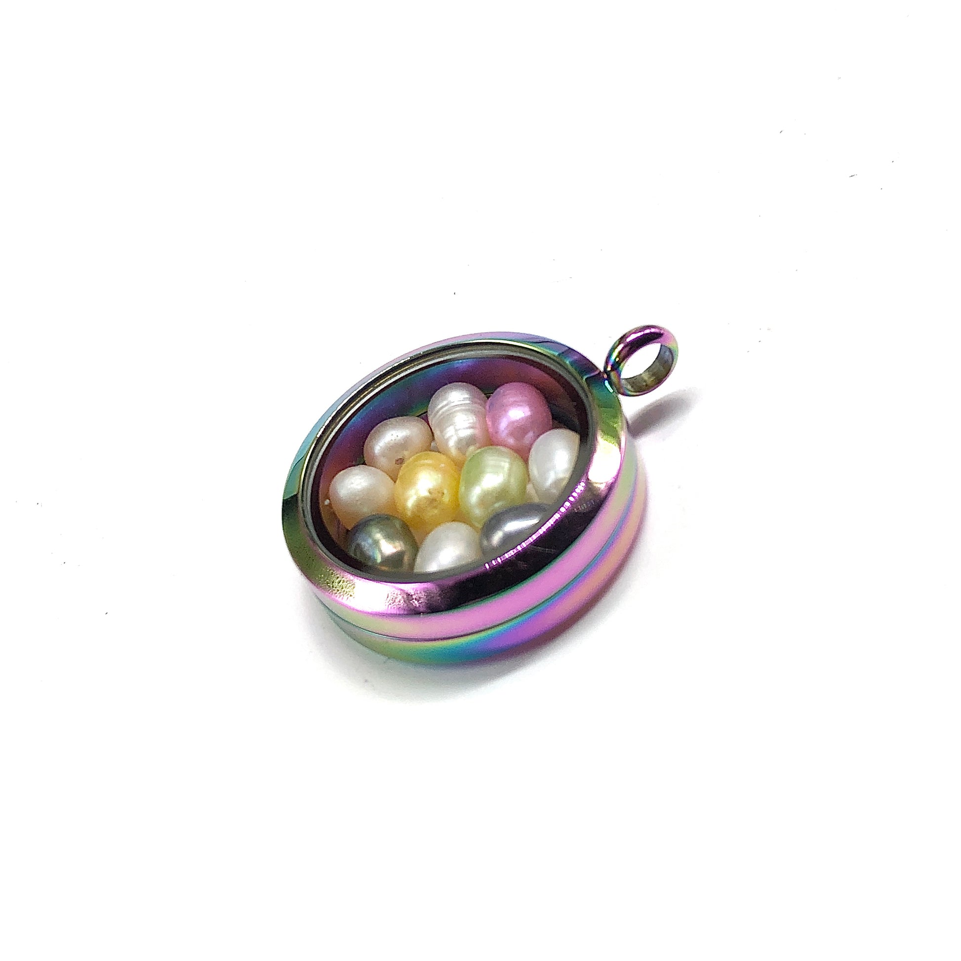 Floating Locket Pendant, Multicolor Pearls included Round Pill Box Photo Locket Pendant