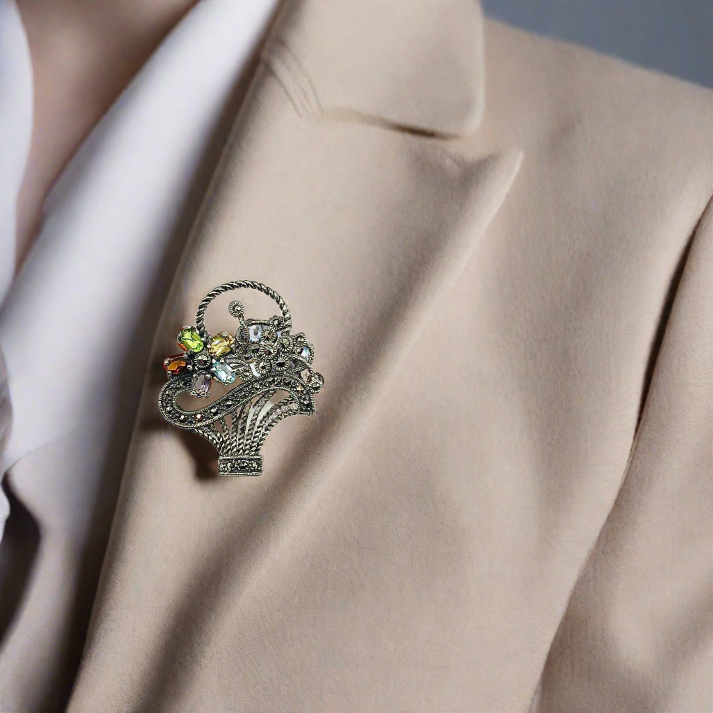Vintage Sterling Silver Brooch Unisex Flower Basket Multi Gemstone Pin