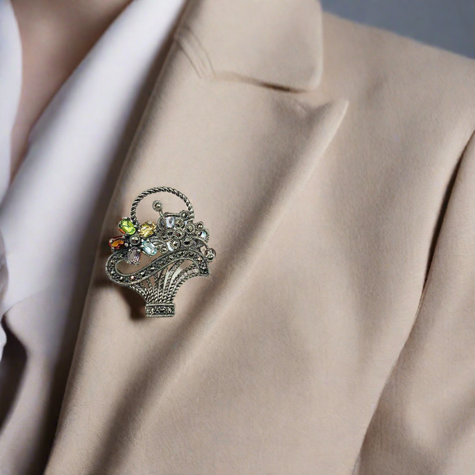Vintage Sterling Silver Brooch Unisex Flower Basket Multi Gemstone Pin
