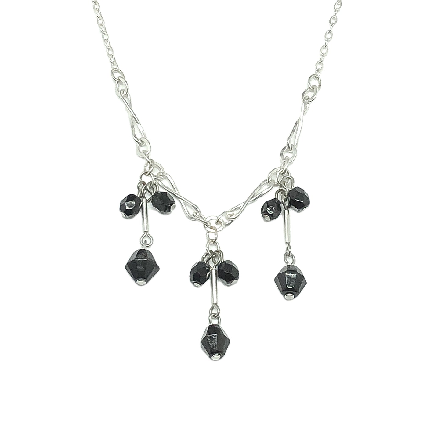 Short 15.75in Sterling Silver Black Crystal Tassel Y Chain Necklace